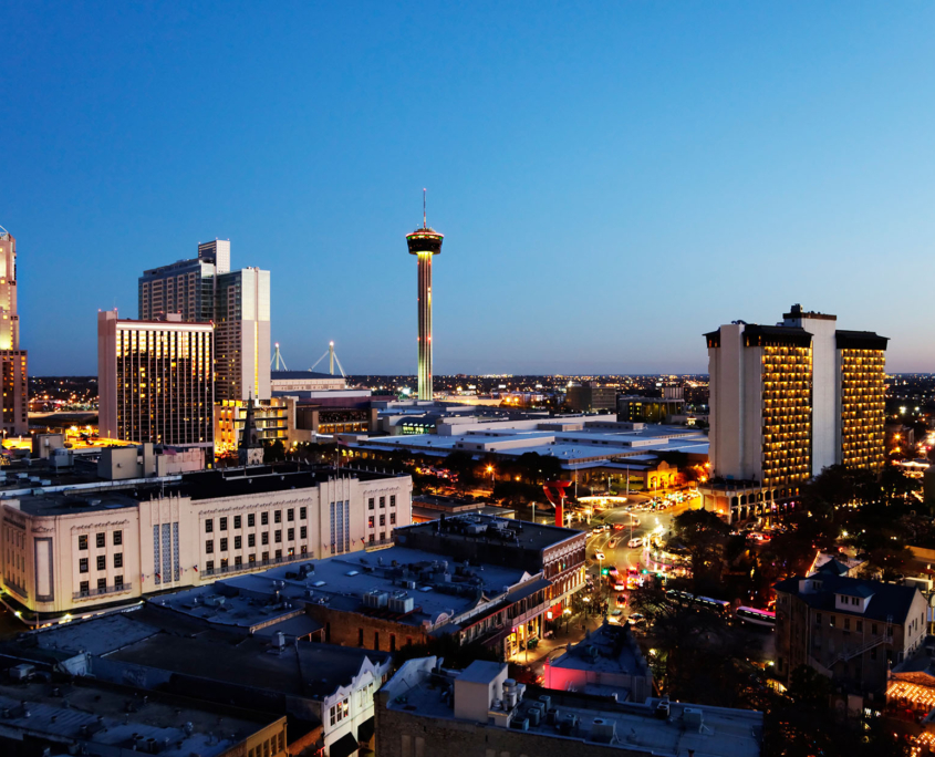 San Antonio downtown just after sunset showing skyline around Tower of the Americas & Alamodome